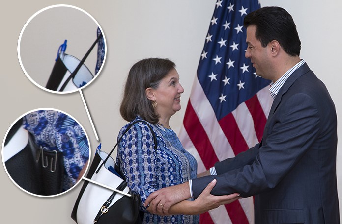 U.S. Assistant Secretary of State Victoria Nuland, left and Albania's main opposition Democratic Party leader Lulzim Basha shake hands before their meeting in Tirana, Sunday, July 10, 2016. The United States has urged Western Balkan countries to intensify efforts to consolidate their democracies. Nuland on Sunday started a Balkan tour in Kosovo and will follow with visits to Albania, Macedonia and Serbia. (AP Photo/Hektor Pustina)