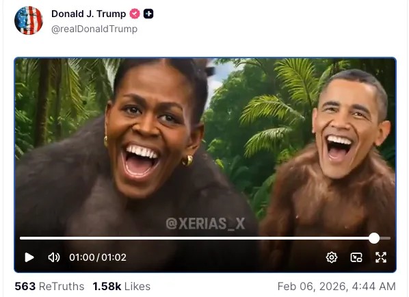 ТРАМП ОБЈАВИ ВИДЕО ВО КОЕ БАРАК И МИШЕЛ ОБАМА СЕ ПРИКАЖАНИ КАКО МАЈМУНИ