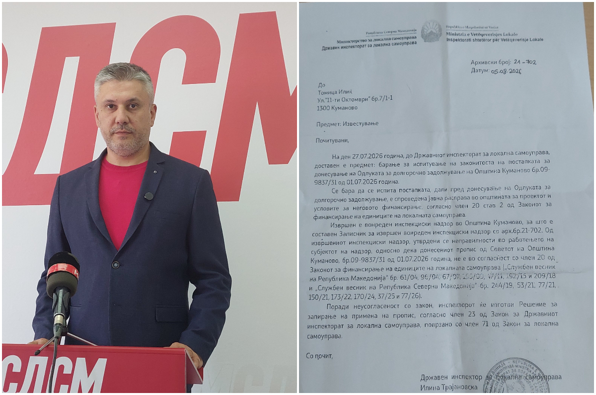 НЕЗАКОНСКА Е ПОСТАПКАТА ЗА ЗАДОЛЖУВАЊЕ НА ОПШТИНА КУМАНОВО ОД 1,6 МИЛИОНИ ЕВРА, ИНСПЕКТОРАТОТ ЗА ЛОКАЛНА САМОУПРАВА ЈА ЗАПРЕ ПРОЦЕДУРАТА
